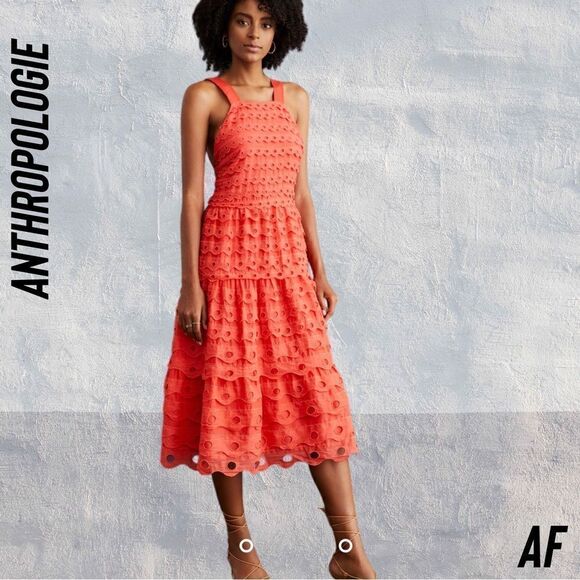 ANTHROPOLOGIE EYELET RUFFLED HALTER TOP MIDI DRESS IN CORAL BLUSH NEW SIZE 8 - Picture 3 of 7